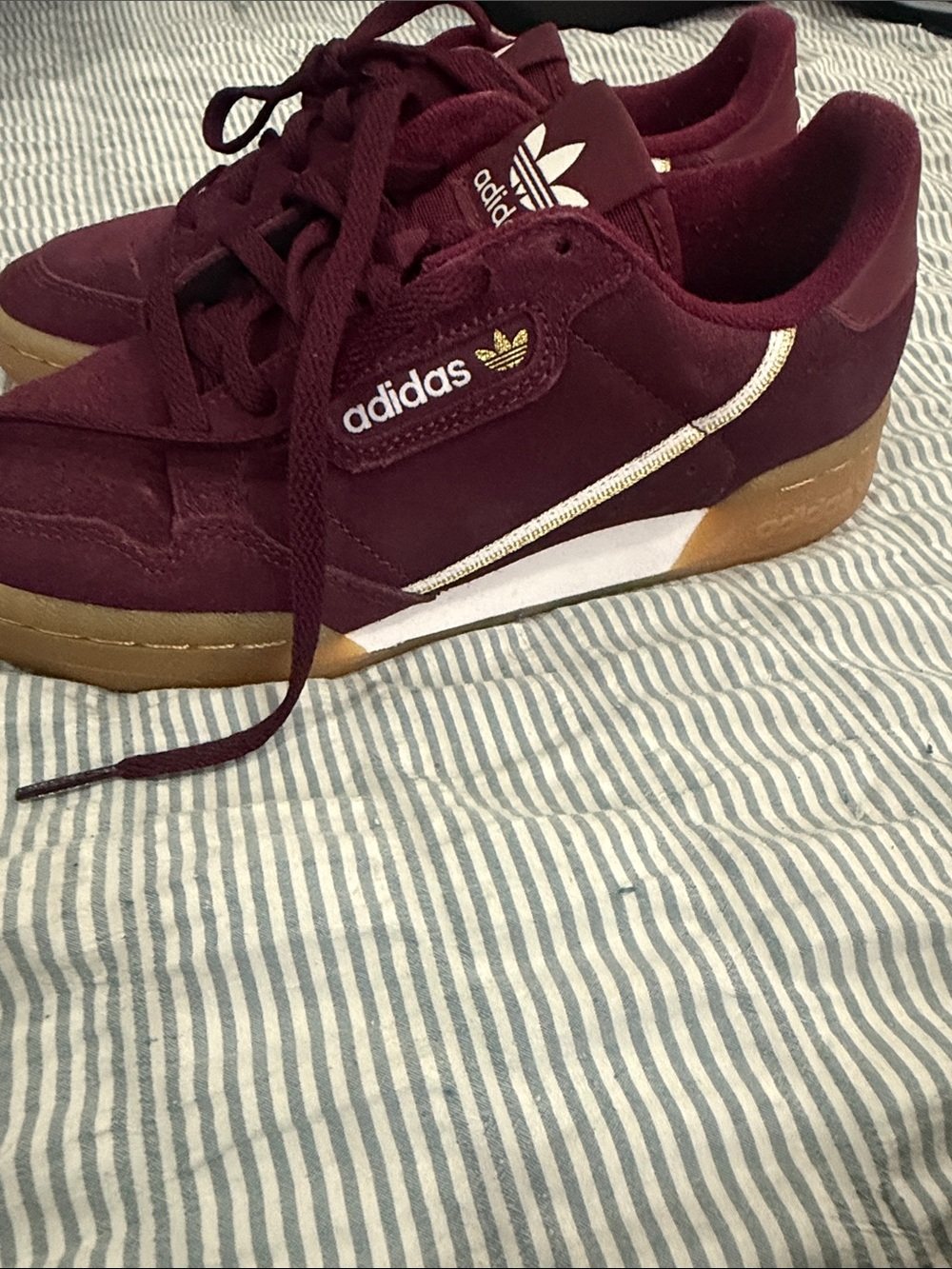 adidas Maroon Suede Low-Top Sneakers with Gold Stripe